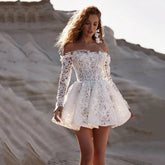 New Exquisite Lace Wedding Dresses Short Bridal Gowns Off Shoulder Long Sleeves Wedding Gowns Mini Length Robe de mariée 26W
